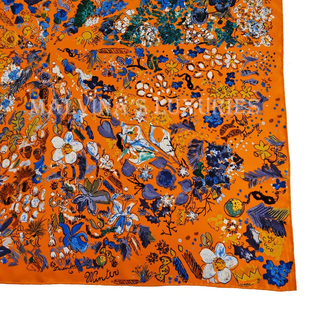 SALVATORE FERRAGAMO SCARF SIGNATURE FLOWER SEASON MULTICOLOR PRINT SILK 35" - Picture 10 of 14